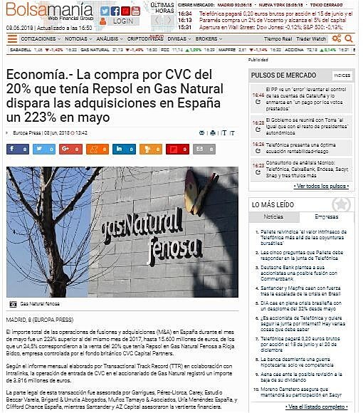 La compra por CVC del 20% que tena Repsol en Gas Natural dispara las adquisiciones en Espaa un 223% en mayo